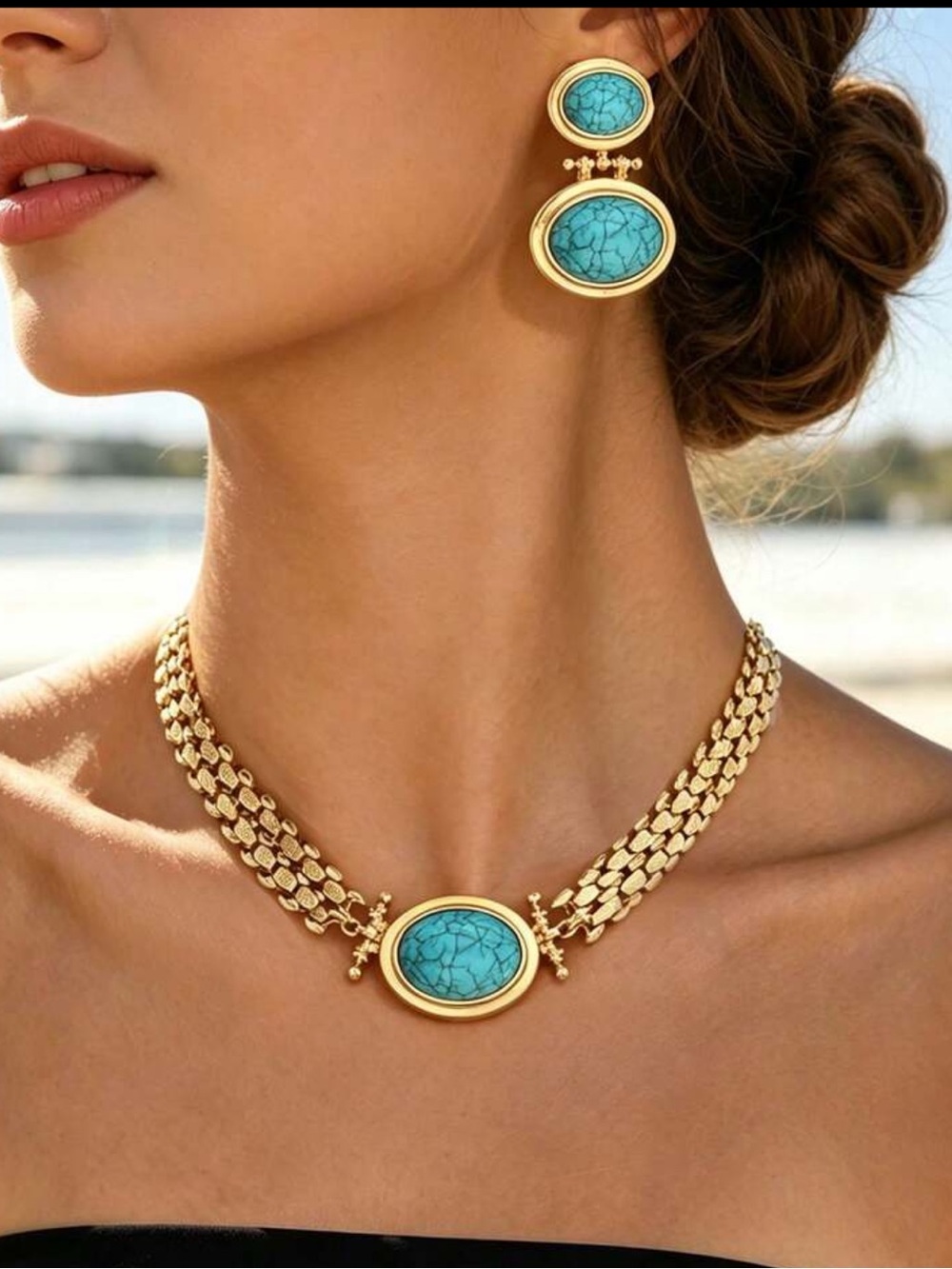 Gold Chain Necklace and earring set with Turquoise Stone nwt